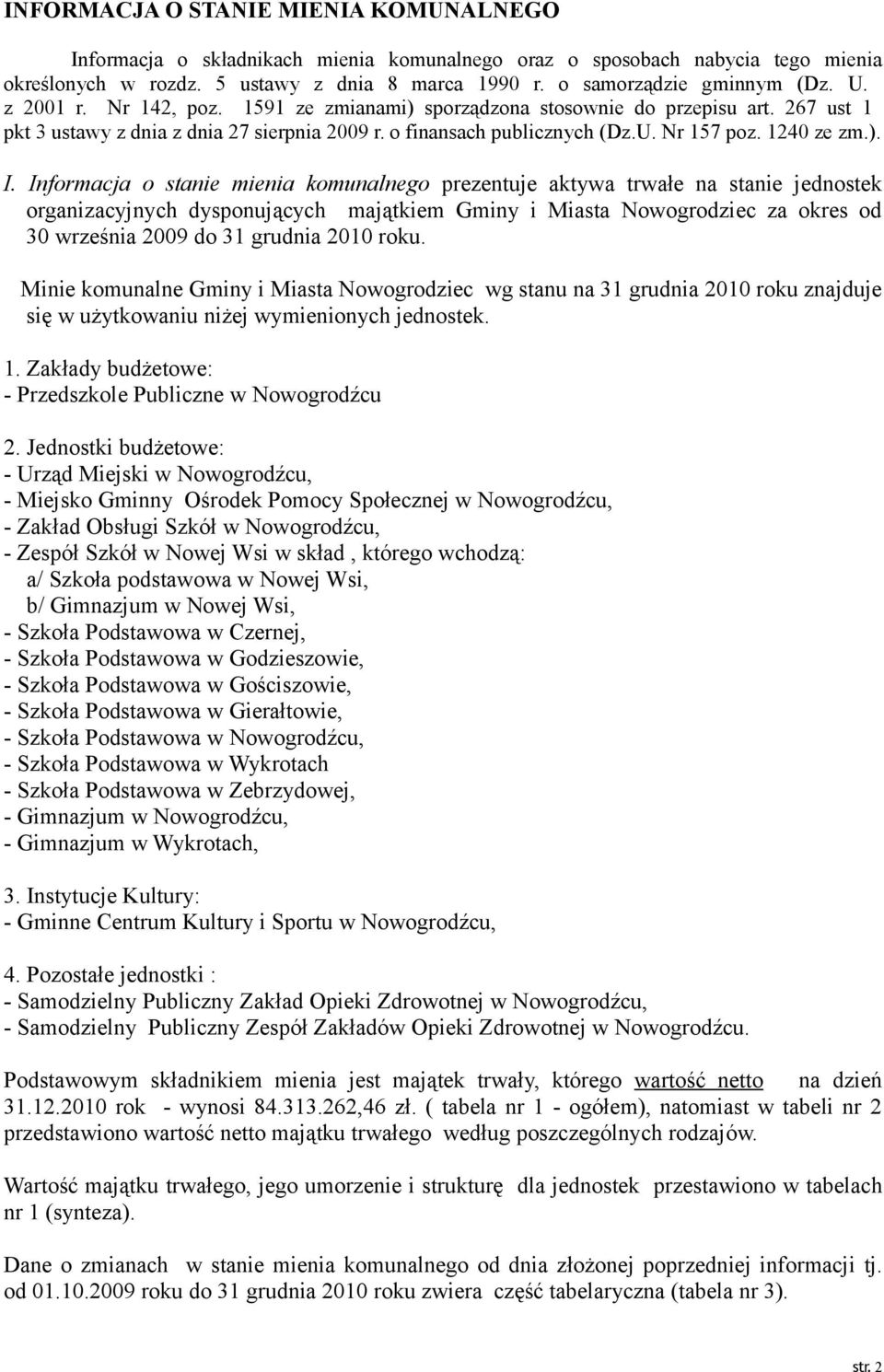 Informacja o stanie mienia komunalnego prezentuje aktywa trwałe na stanie jednostek organizacyjnych dysponujących majątkiem Gminy i Miasta Nowogrodziec za okres od 30 września 2009 do 31 grudnia 2010