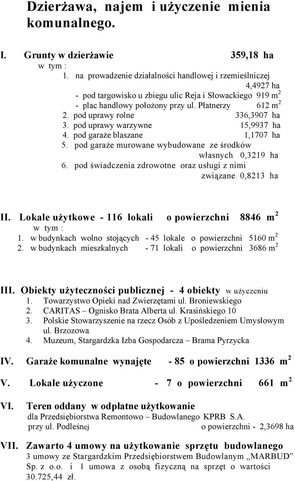 pod uprawy rolne 336,3907 ha 3. pod uprawy warzywne 15,9937 ha 4. pod garaże blaszane 1,1707 ha 5. pod garaże murowane wybudowane ze środków własnych 0,3219 ha 6.