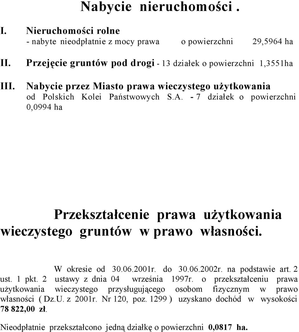 - 7 działek o powierzchni 0,0994 ha Przekształcenie prawa użytkowania wieczystego gruntów w prawo własności. W okresie od 30.06.2001r. do 30.06.2002r. na podstawie art. 2 ust. 1 pkt.