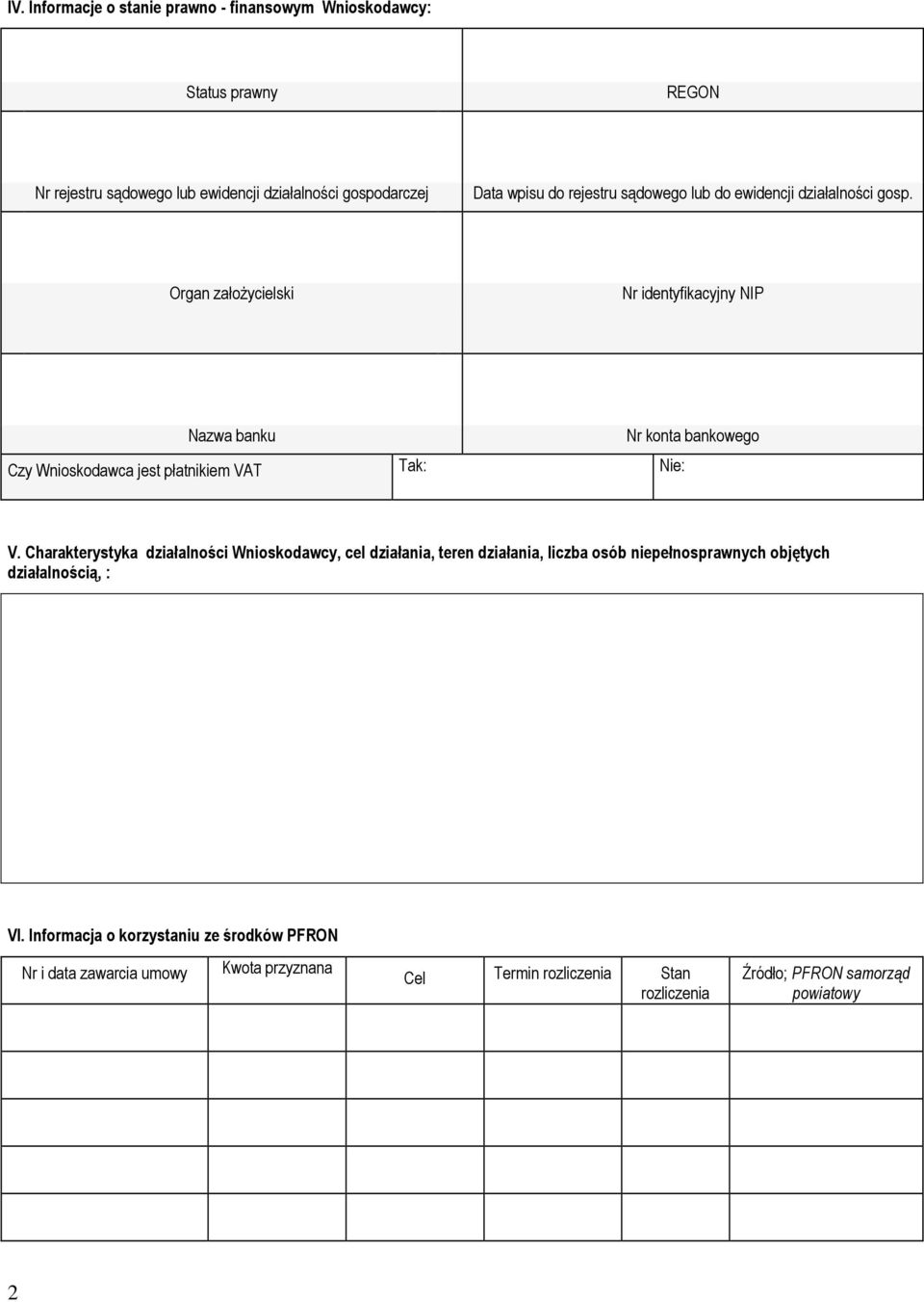 Organ załoŝycielski Nr identyfikacyjny NIP Nazwa banku Nr konta bankowego Czy Wnioskodawca jest płatnikiem VAT Tak: Nie: V.