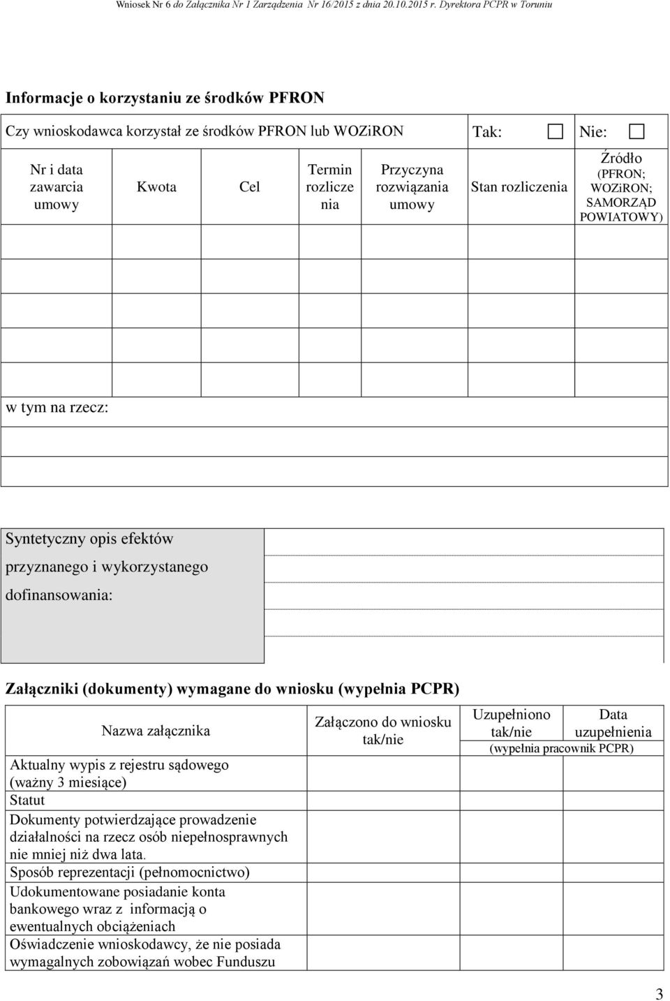 PCPR) Nazwa załącznika Aktualny wypis z rejestru sądowego (ważny 3 miesiące) Statut Dokumenty potwierdzające prowadzenie działalności na rzecz osób niepełnosprawnych nie mniej niż dwa lata.