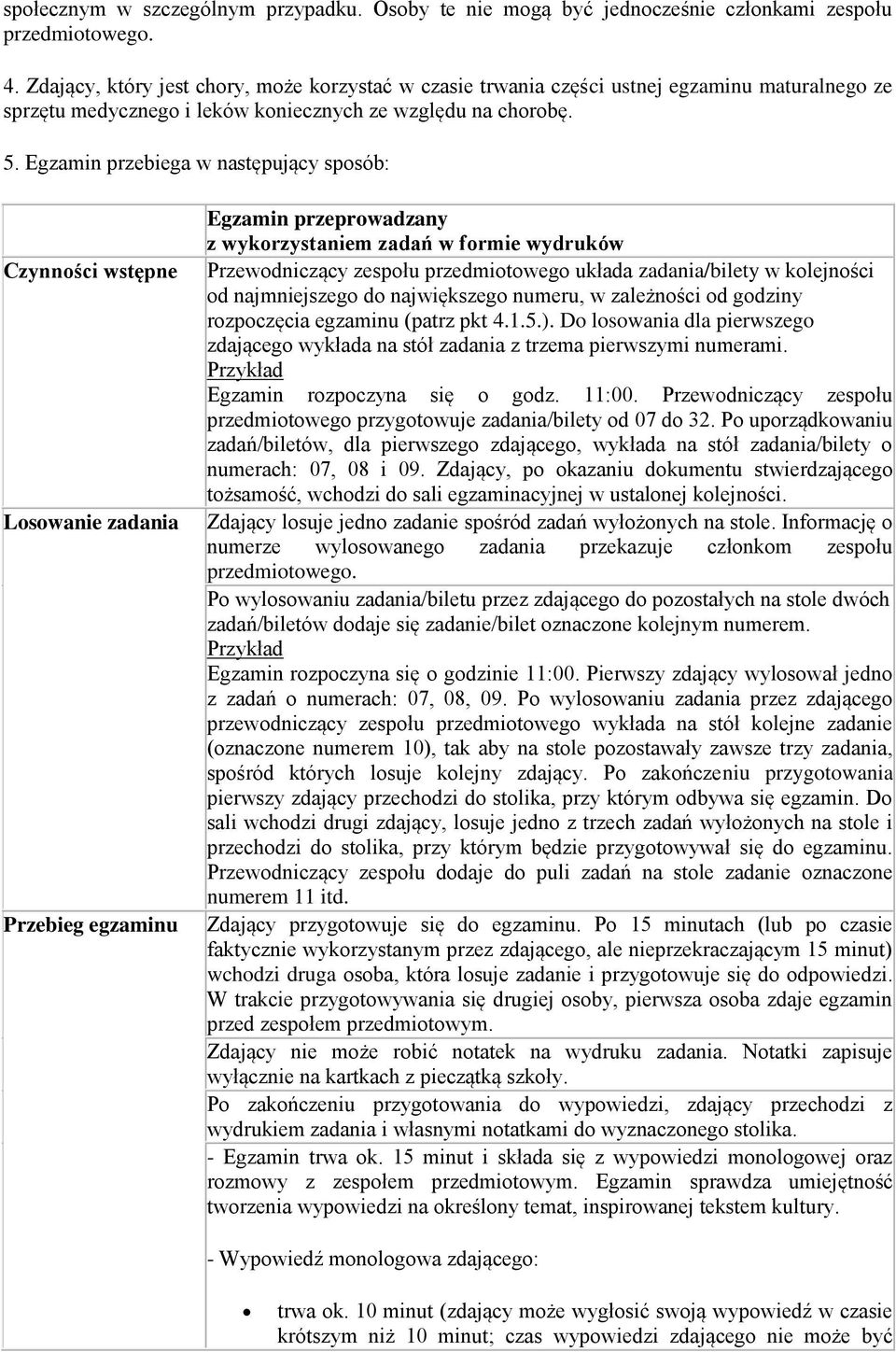 Egzamin przebiega w następujący sposób: Czynności wstępne Losowanie zadania Przebieg egzaminu Egzamin przeprowadzany z wykorzystaniem zadań w formie wydruków Przewodniczący zespołu przedmiotowego