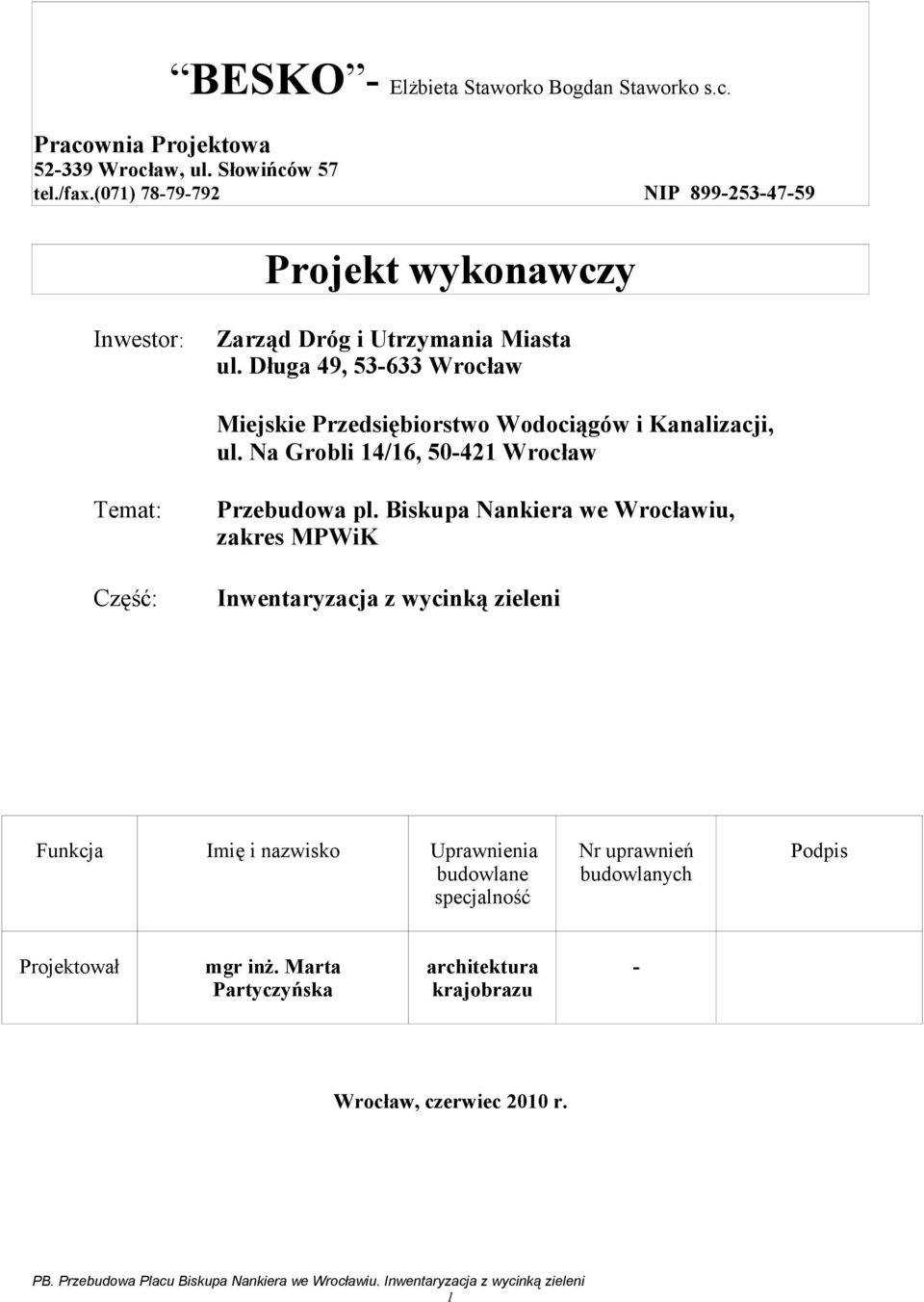 Długa 49, 53-633 Wrocław Miejskie Przedsiębiorstwo Wodociągów i Kanalizacji, ul. Na Grobli 14/16, 50-421 Wrocław Temat: Część: Przebudowa pl.