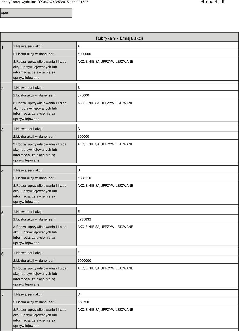 Liczba akcji w danej serii 250000 4 1.Nazwa serii akcji D 2.Liczba akcji w danej serii 5088110 5 1.