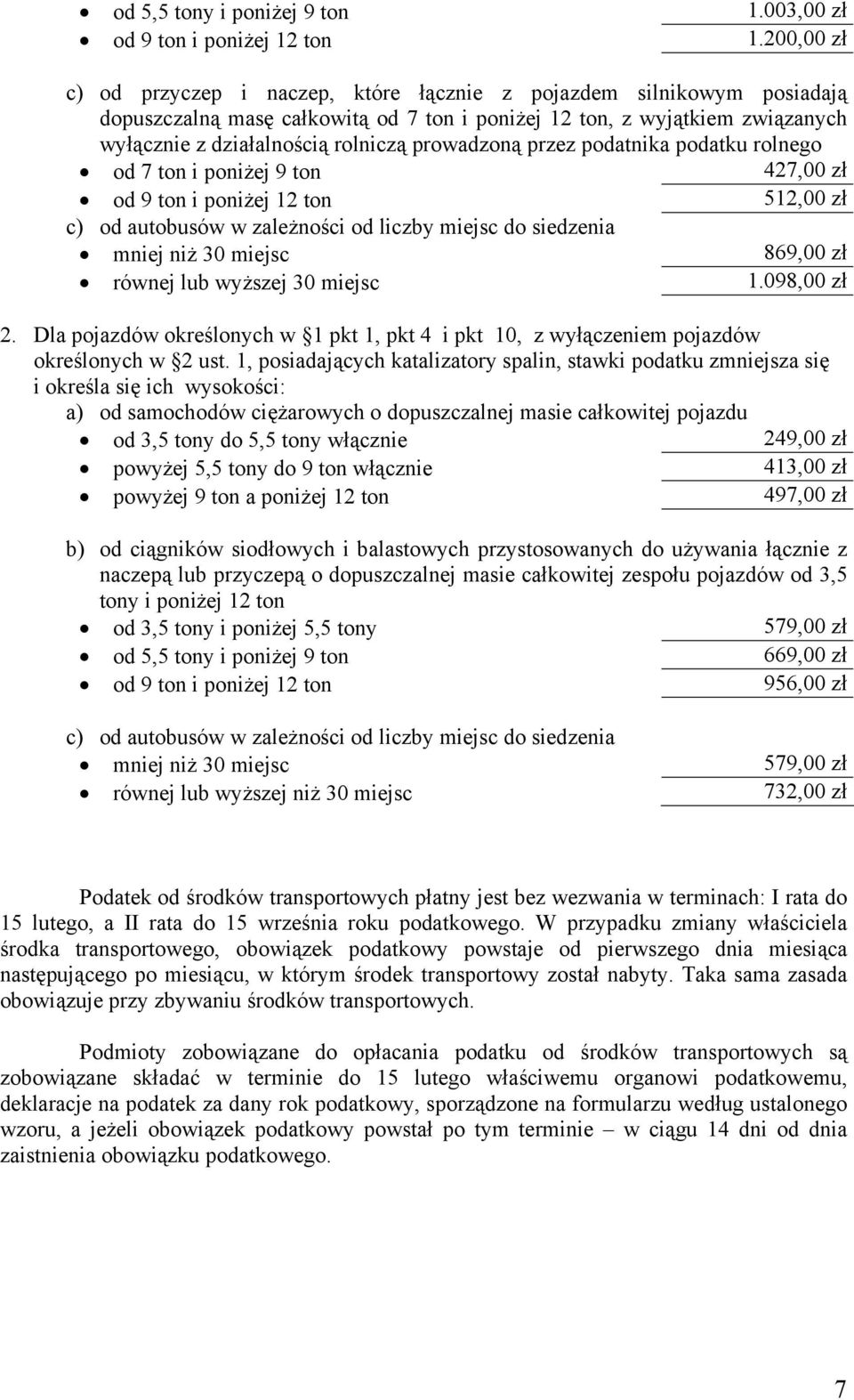 prowadzoną przez podatnika podatku rolnego od 7 ton i poniżej 9 ton 427,00 zł od 9 ton i poniżej 12 ton 512,00 zł c) od autobusów w zależności od liczby miejsc do siedzenia mniej niż 30 miejsc 869,00