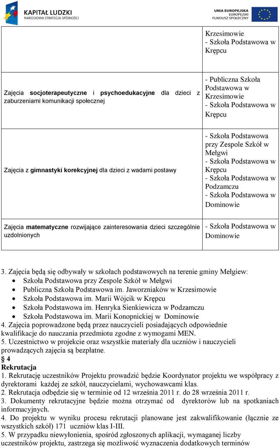 Zajęcia będą się odbywały w szkołach podstawowych na terenie gminy Mełgiew: Szkoła Podstawowa przy Zespole Szkół w Mełgwi Publiczna Szkoła Podstawowa im.