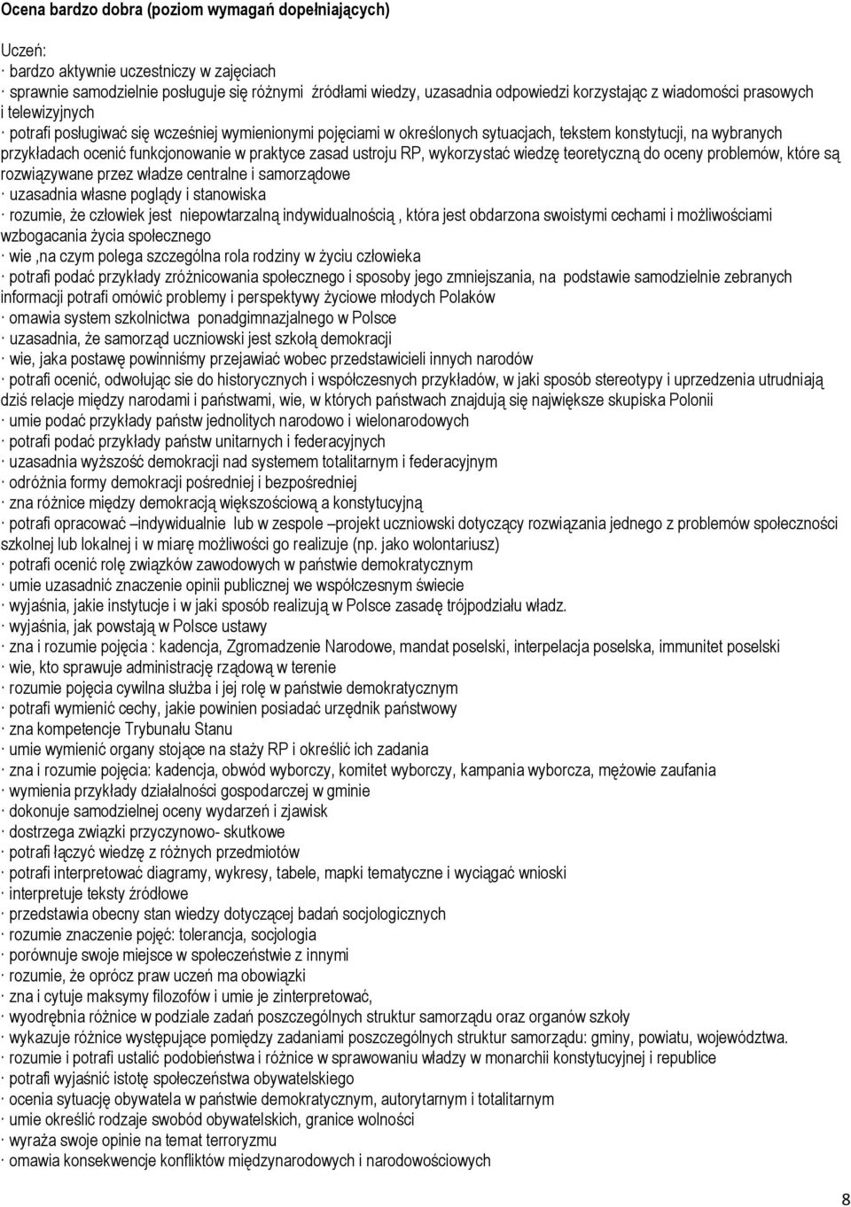 ustroju RP, wykorzystać wiedzę teoretyczną do oceny problemów, które są rozwiązywane przez władze centralne i samorządowe uzasadnia własne poglądy i stanowiska rozumie, że człowiek jest