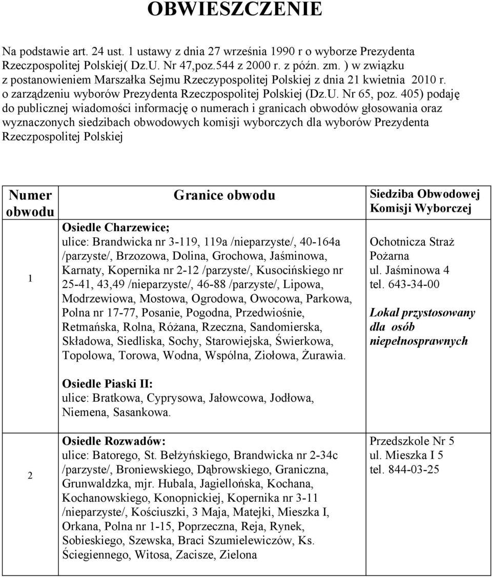 405) podaję do publicznej wiadomości informację o numerach i granicach obwodów głosowania oraz wyznaczonych siedzibach obwodowych komisji wyborczych dla wyborów Prezydenta Rzeczpospolitej Polskiej