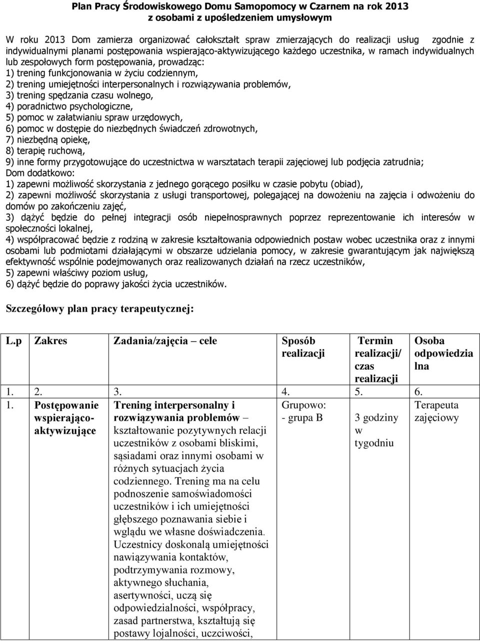 intrprsonalnych i roziązyania problmó, 3) trning spędzania czasu olngo, 4) poradnicto psychologiczn, 5) pomoc załatianiu spra urzędoych, 6) pomoc dostępi do nizbędnych śiadczń zdrootnych, 7) nizbędną