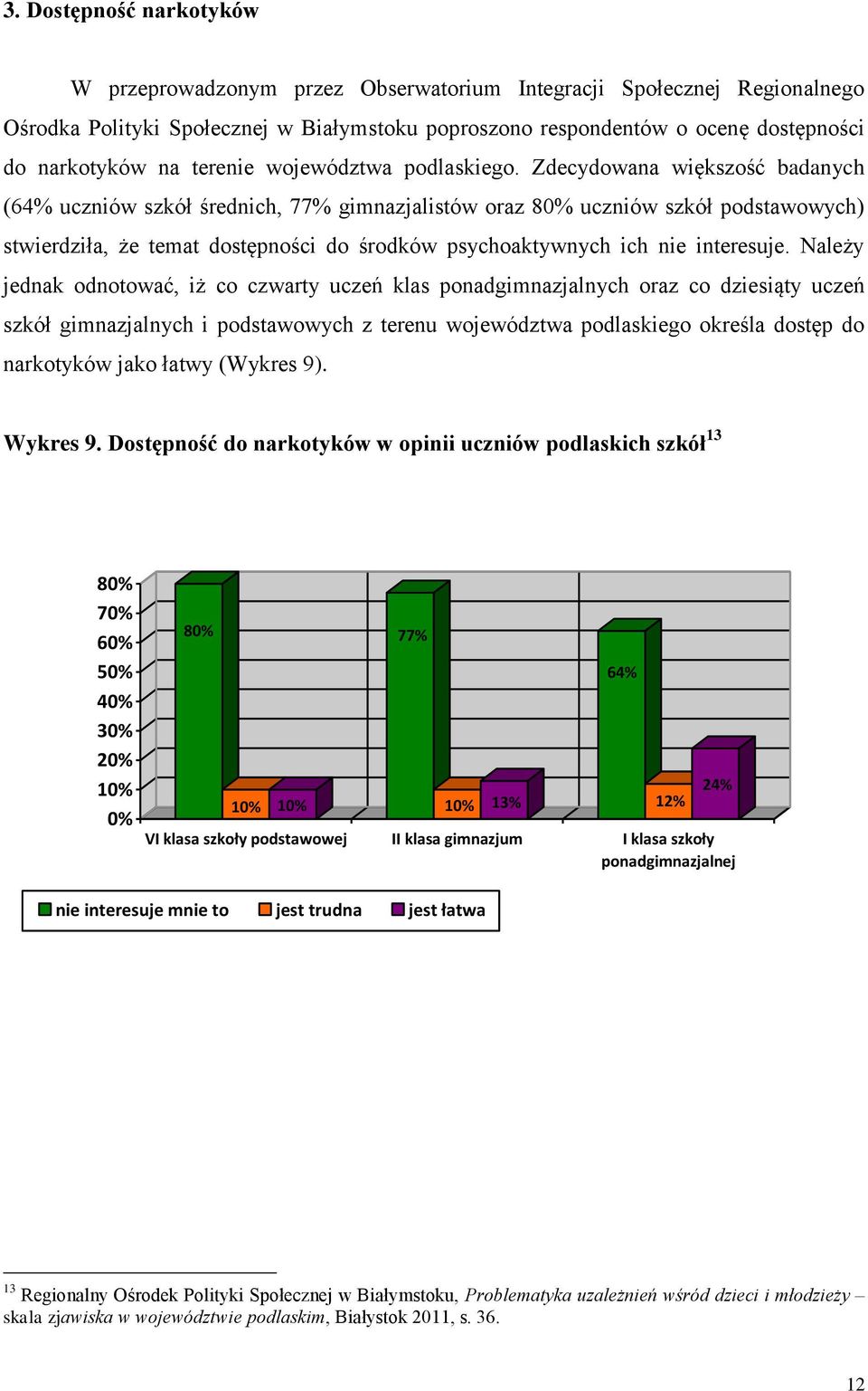 Zdecydowana większość badanych (64% uczniów szkół średnich, 77% gimnazjalistów oraz 8% uczniów szkół podstawowych) stwierdziła, że temat dostępności do środków psychoaktywnych ich nie interesuje.