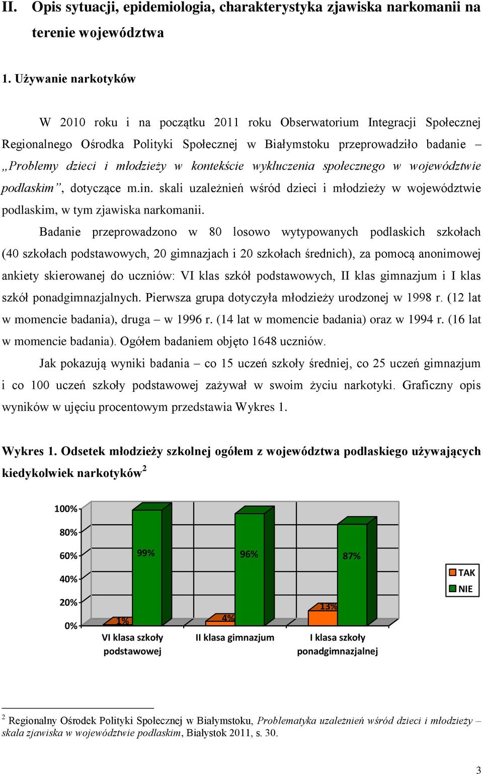 kontekście wykluczenia społecznego w województwie podlaskim, dotyczące m.in. skali uzależnień wśród dzieci i młodzieży w województwie podlaskim, w tym zjawiska narkomanii.