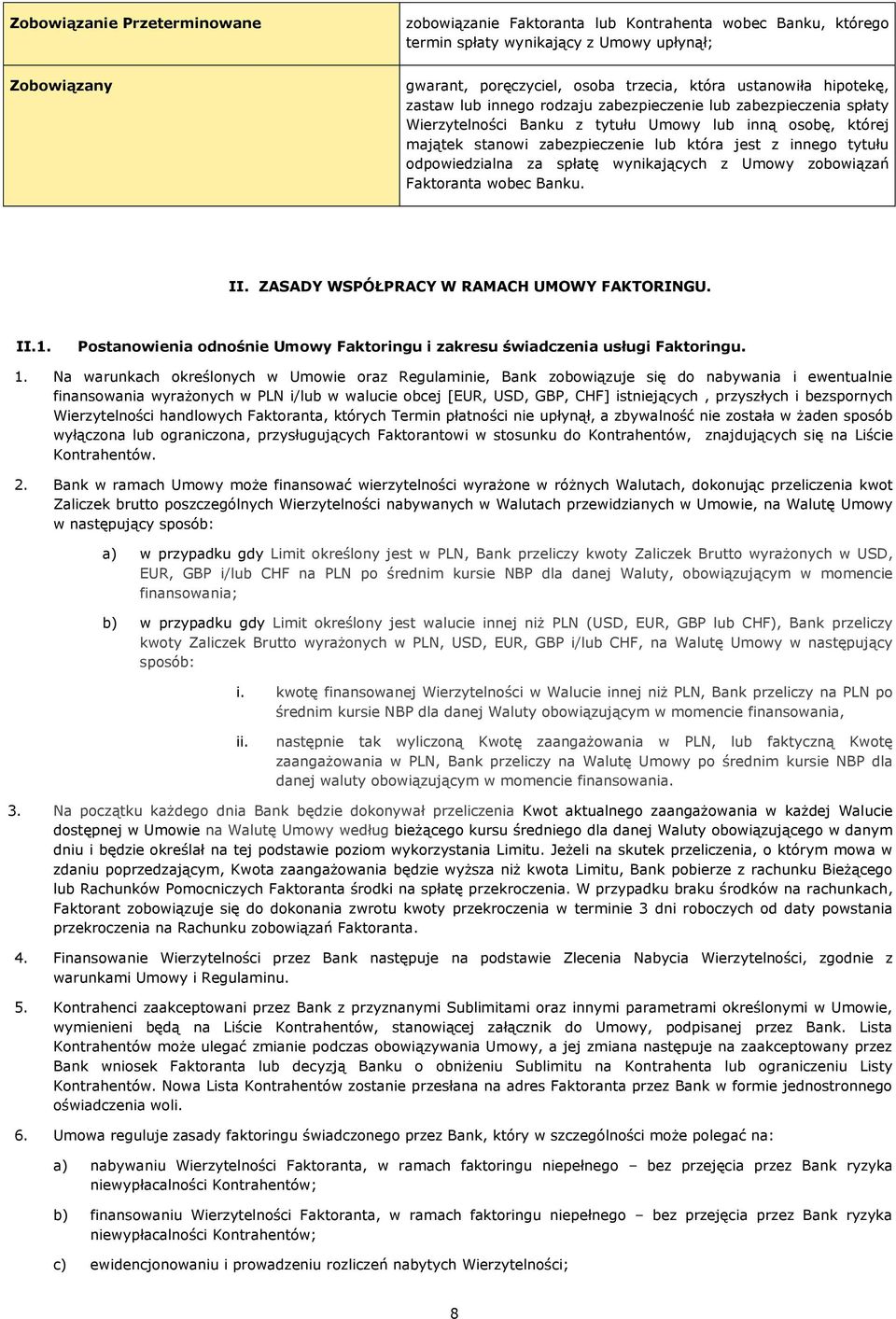 odpowiedzialna za spłatę wynikających z Umowy zobowiązań Faktoranta wobec Banku. II. ZASADY WSPÓŁPRACY W RAMACH UMOWY FAKTORINGU. II.1.