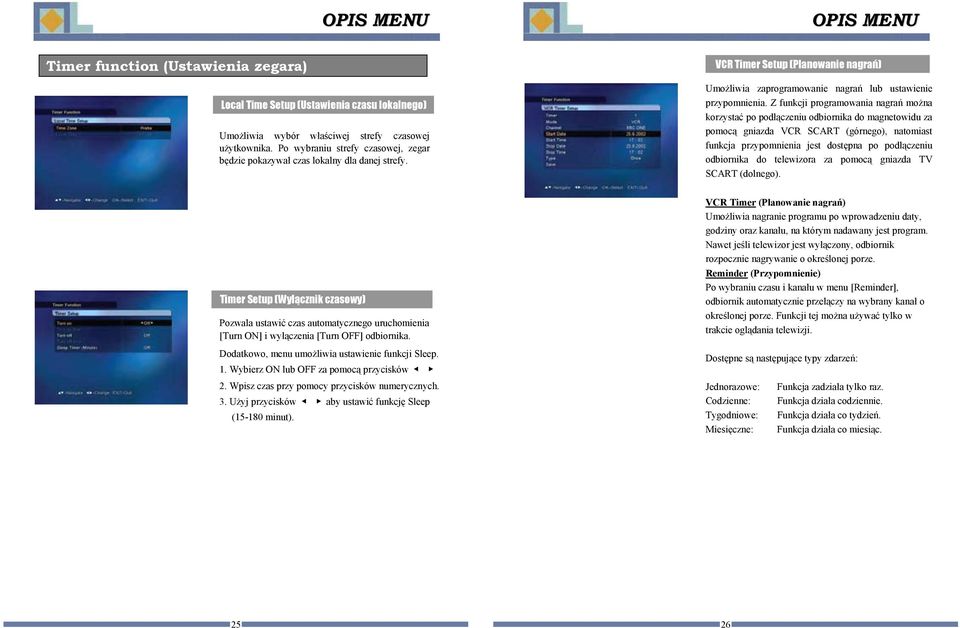 telewizora za pomoc gniazda TV SCART (dolnego). Pozwala ustawi czas automatycznego uruchomienia [Turn ON] i wyczenia [Turn OFF] odbiornika.