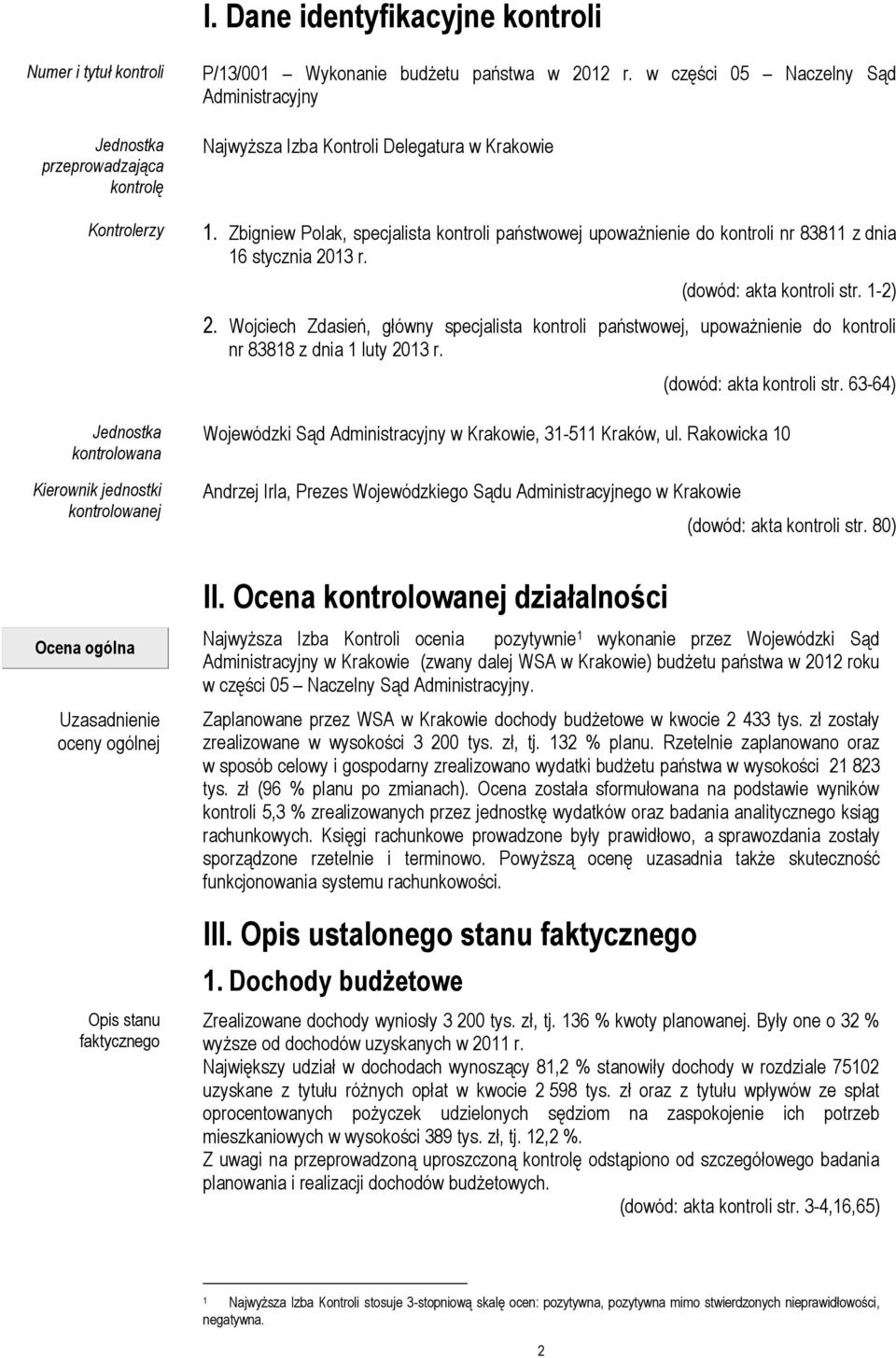 Zbigniew Polak, specjalista kontroli państwowej upoważnienie do kontroli nr 83811 z dnia 16 stycznia 2013 r. (dowód: akta kontroli str. 1-2) 2.