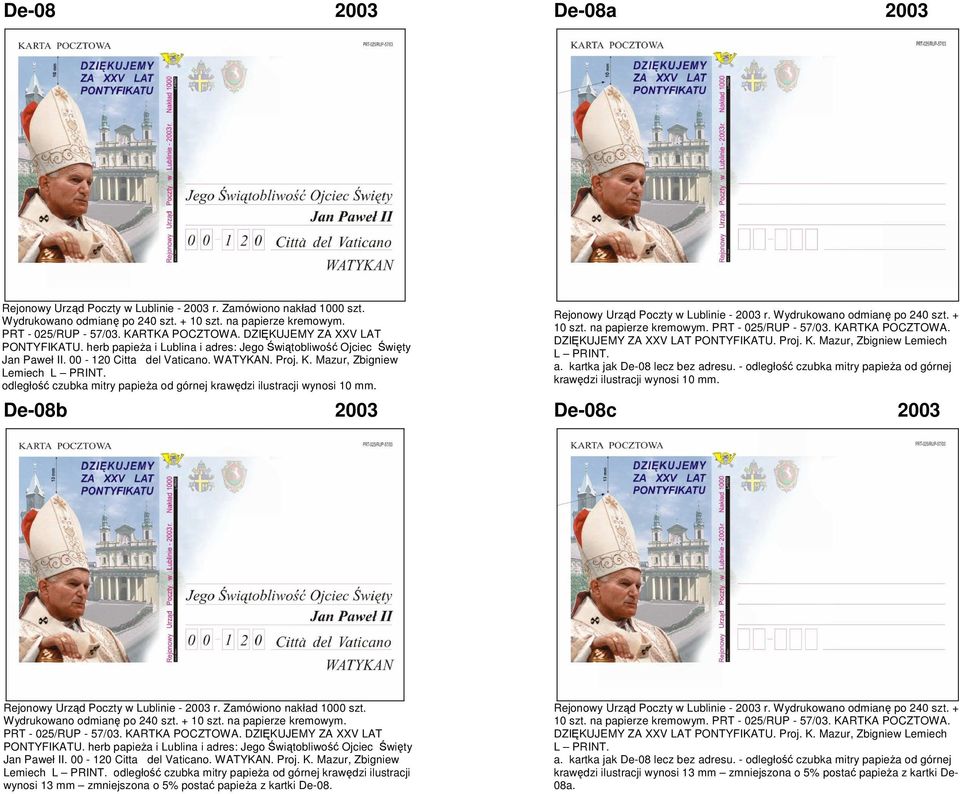 odległość czubka mitry papieża od górnej krawędzi ilustracji wynosi 10 mm. Rejonowy Urząd Poczty w Lublinie - 2003 r. Wydrukowano odmianę po 240 szt. + 10 szt. na papierze kremowym.