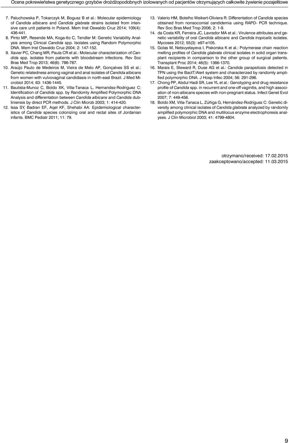 Pinto MP, Resende MA, Koga-Ito C, Tendler M: Genetic Variability Analysis among Clinical Candida spp. Isolates using Random Polymorphic DNA. Mem Inst Oswaldo Cruz 2004; 2: 147-152. 9.