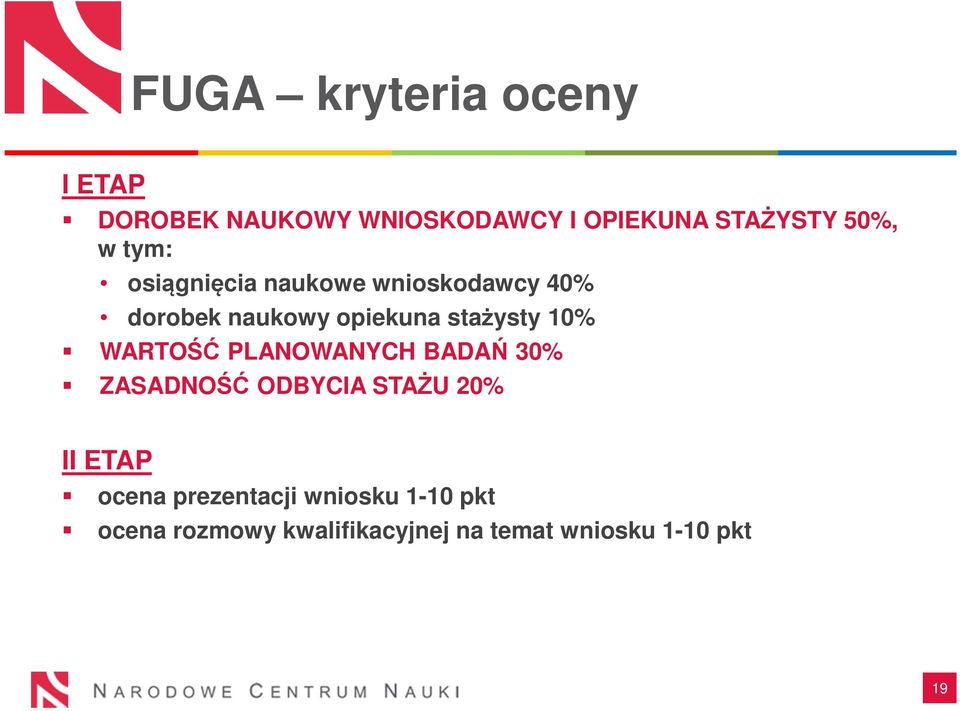 10% WARTOŚĆ PLANOWANYCH BADAŃ 30% ZASADNOŚĆ ODBYCIA STAŻU 20% II ETAP ocena