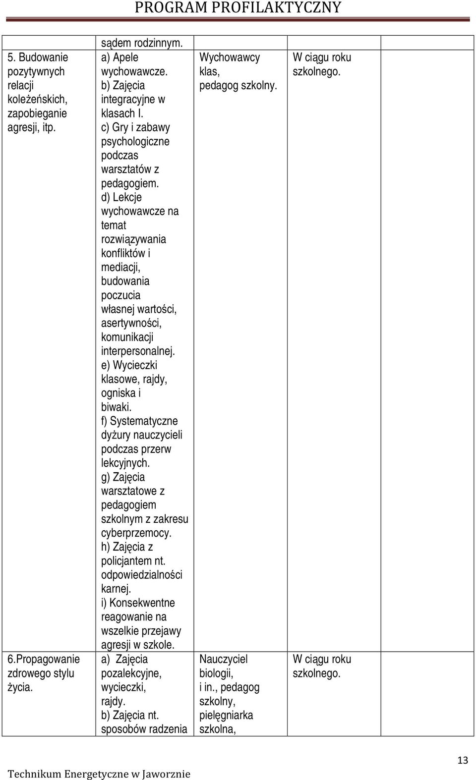 d) Lekcje wychowawcze na temat rozwiązywania konfliktów i mediacji, budowania poczucia własnej wartości, asertywności, komunikacji interpersonalnej. e) Wycieczki klasowe, rajdy, ogniska i biwaki.
