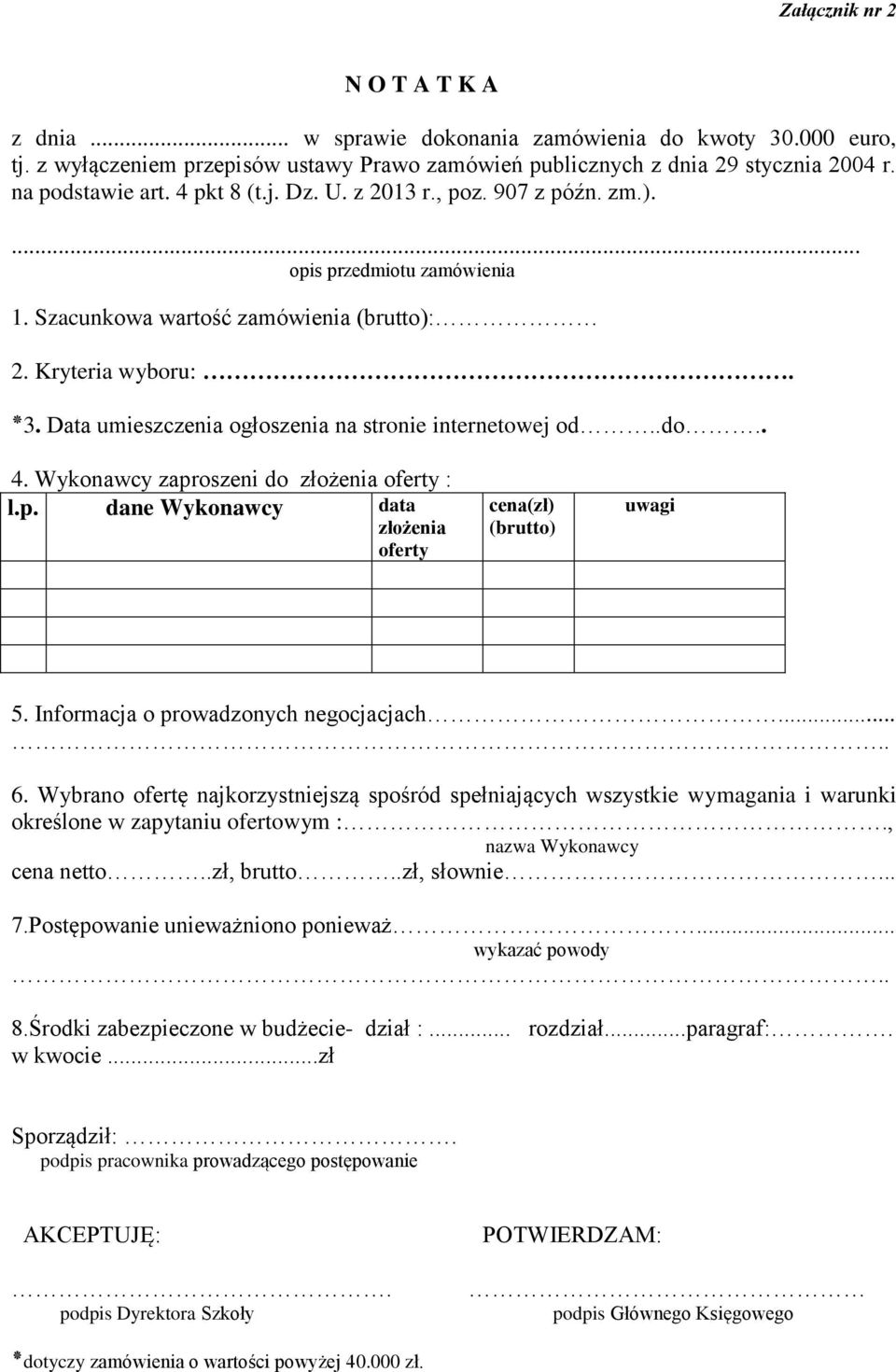 . Data umieszczenia ogłoszenia na stronie internetowej. 3 4. Wykonawcy zaproszeni do złożenia oferty : l.p. dane Wykonawcy data złożenia oferty cena(zł) (brutto) uwagi 5.