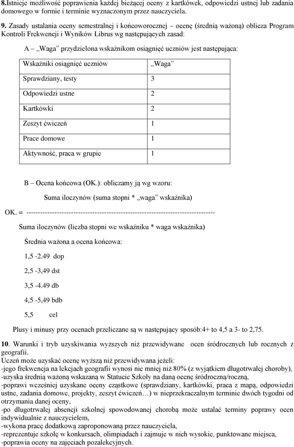 uczniów jest następująca: Wskaźniki osiągnięć uczniów Waga Sprawdziany, testy 3 Odpowiedzi ustne 2 Kartkówki 2 Zeszyt ćwiczeń 1 Prace domowe 1 Aktywność, praca w grupie 1 B Ocena końcowa (OK.