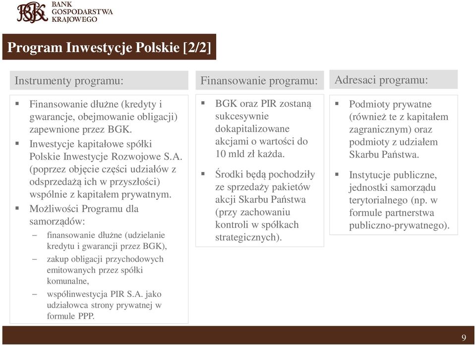Mo liwo ci Programu dla samorz dów: finansowanie d ne (udzielanie kredytu i gwarancji przez BGK), zakup obligacji przychodowych emitowanych przez spó ki komunalne, wspó inwestycja PIR S.A.