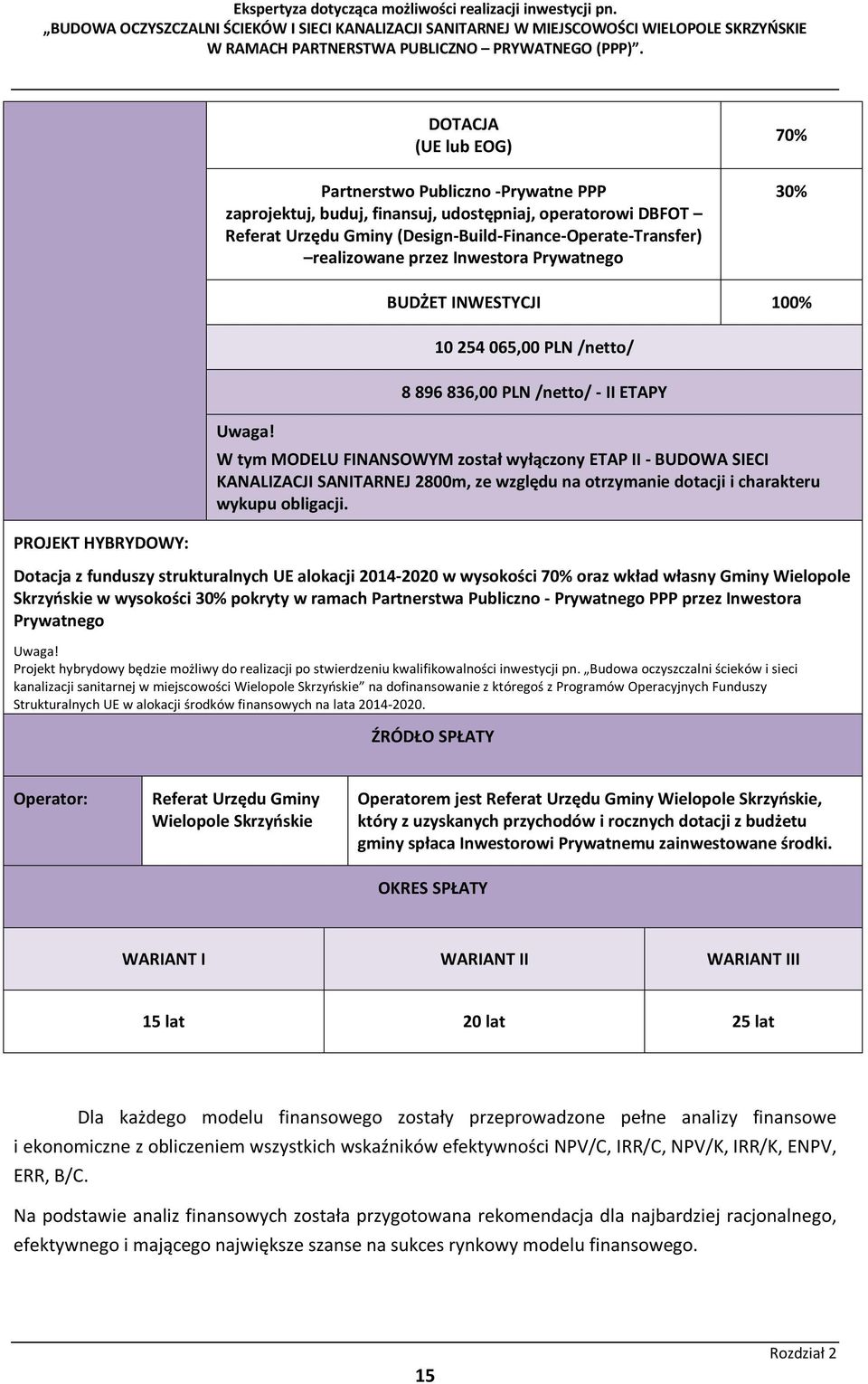 10 254 065,00 PLN /netto/ 8 896 836,00 PLN /netto/ - II ETAPY W tym MODELU FINANSOWYM został wyłączony ETAP II - BUDOWA SIECI KANALIZACJI SANITARNEJ 2800m, ze względu na otrzymanie dotacji i