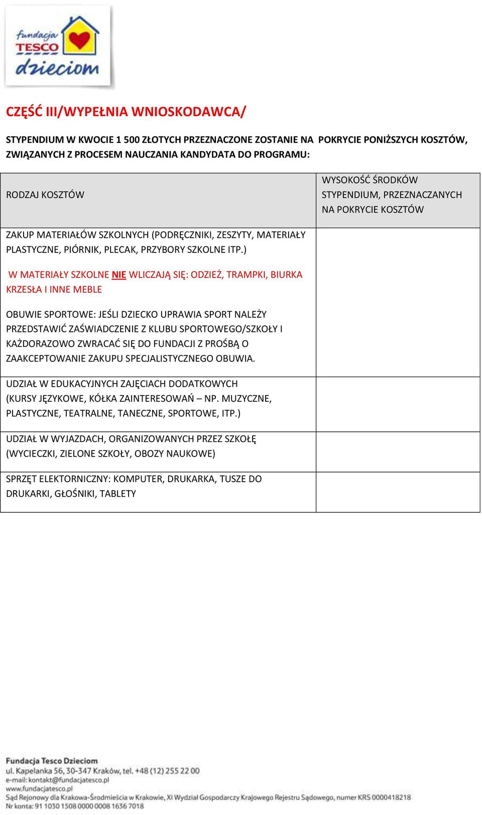 ) W MATERIAŁY SZKOLNE NIE WLICZAJĄ SIĘ: ODZIEŻ, TRAMPKI, BIURKA KRZESŁA I INNE MEBLE OBUWIE SPORTOWE: JEŚLI DZIECKO UPRAWIA SPORT NALEŻY PRZEDSTAWIĆ ZAŚWIADCZENIE Z KLUBU SPORTOWEGO/SZKOŁY I