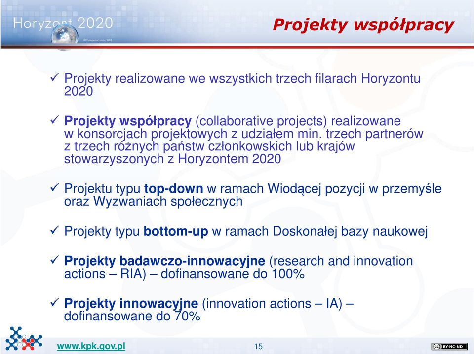 trzech partnerów z trzech różnych państw członkowskich lub krajów stowarzyszonych z Horyzontem 2020 Projektu typu top-down w ramach Wiodącej