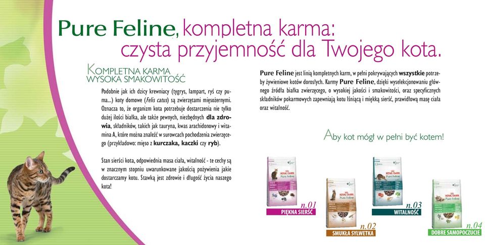 Oznacza to, e organizm kota potrzebuje dostarczenia nie tylko du ej iloêci bia ka, ale tak e pewnych, niezb dnych dla zdrowia, sk adników, takich jak tauryna, kwas arachidonowy i witamina A, które mo