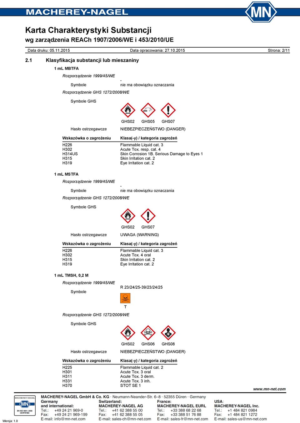 zagrożeń H226 Flammable Liquid cat. 3 H302 Acute Tox. resp. cat. 4 H314US Skin Corrosion 1B. Serious Damage to Eyes 1 H315 Skin Irritation cat. 2 H319 Eye Irritation cat.