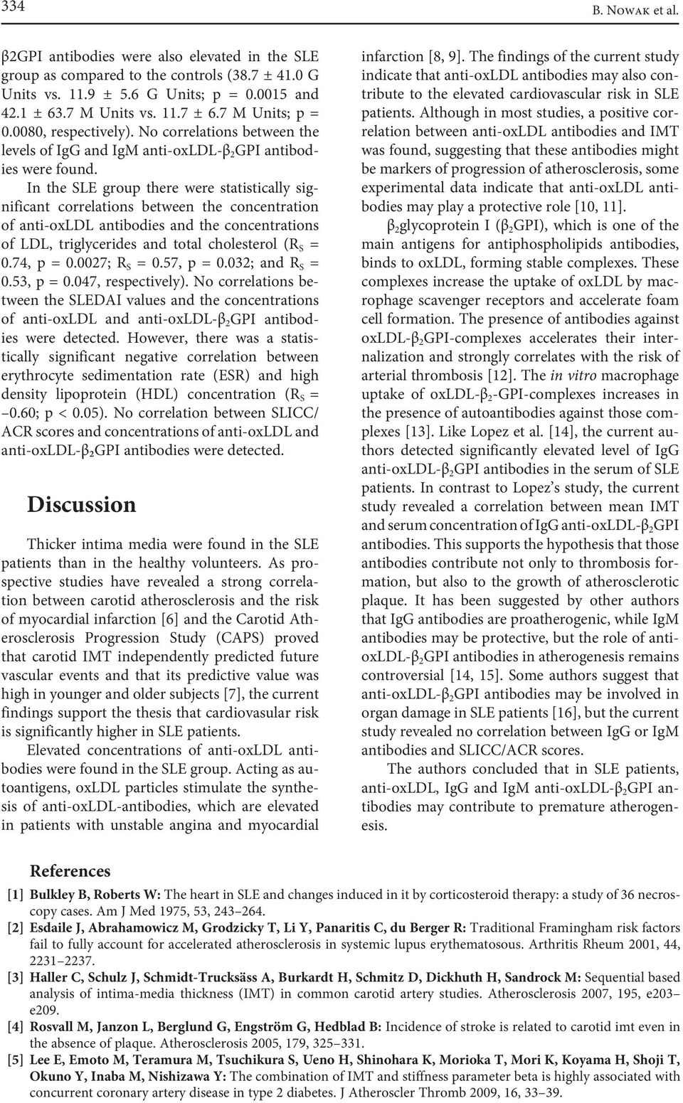 In the SLE group there were statistically significant correlations between the concentration of anti-oxldl antibodies and the concentrations of LDL, triglycerides and total cholesterol (R S = 0.
