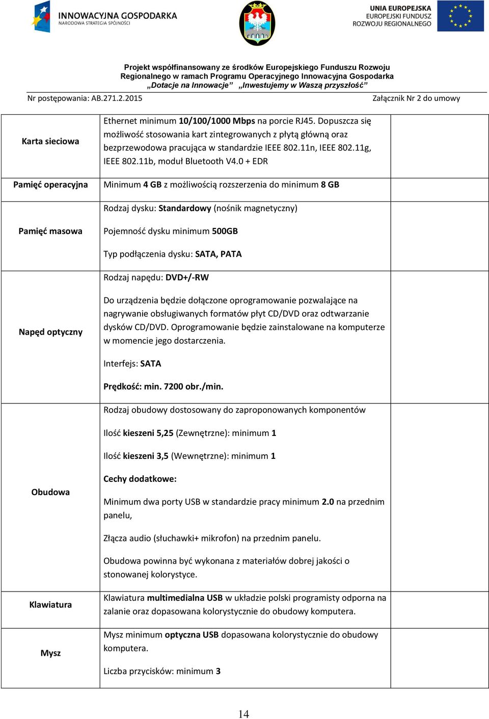 0 + EDR Minimum 4 GB z możliwością rozszerzenia do minimum 8 GB Rodzaj dysku: Standardowy (nośnik magnetyczny) Pamięć masowa Pojemność dysku minimum 500GB Typ podłączenia dysku: SATA, PATA Rodzaj