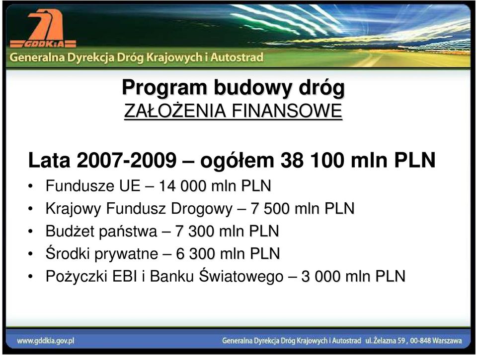 Drogowy 7 500 mln PLN BudŜet państwa 7 300 mln PLN Środki