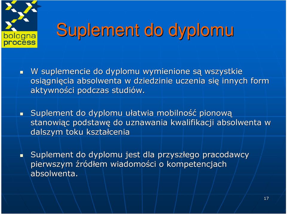 Suplement do dyplomu ułatwia u mobilność pionową stanowiąc c podstawę do uznawania kwalifikacji