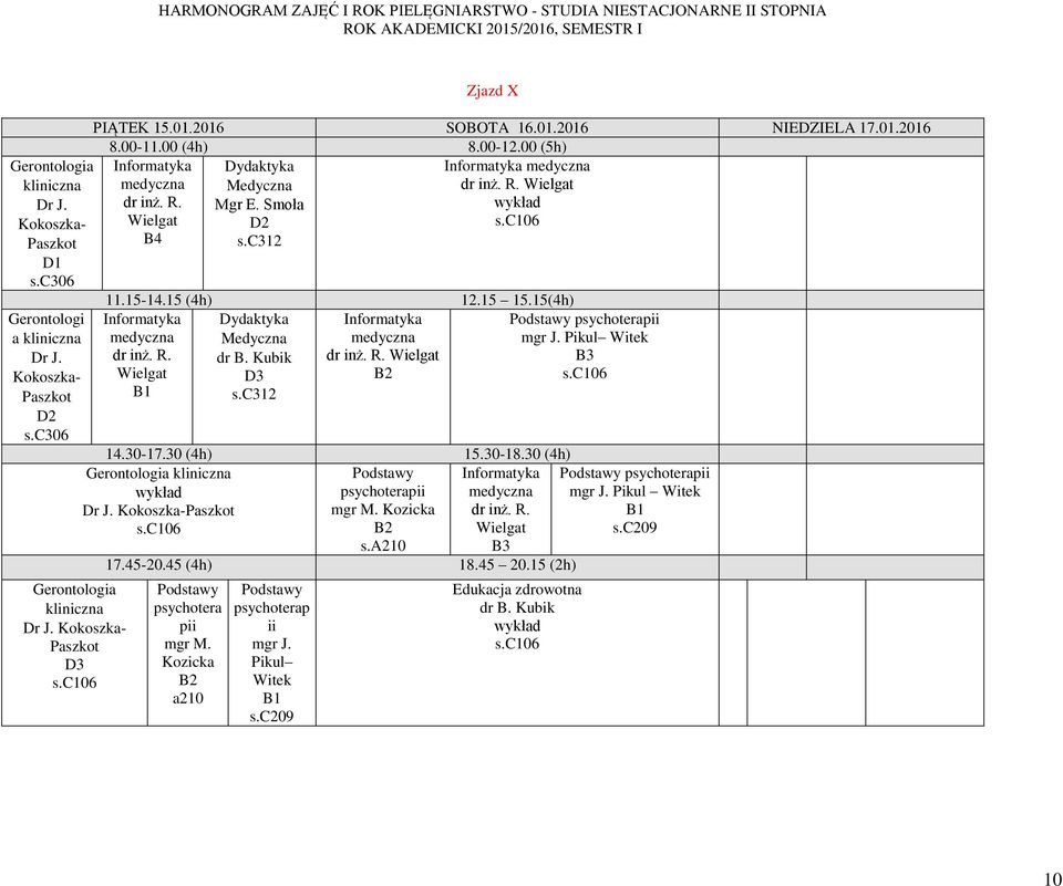 15(4h) s.c312 14.30-17.30 (4h) 15.30-18.30 (4h) mgr M. Kozicka s.a210 17.45-20.45 (4h) 18.