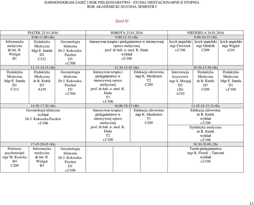 15 (4h) 12.30-15.45 (4h) 10.30-13.30 (4h) Intensywna terapia i Interwencja pielęgniarstwo w kryzysowa intensywnej opiece A210 prof. dr hab. n. med. K.