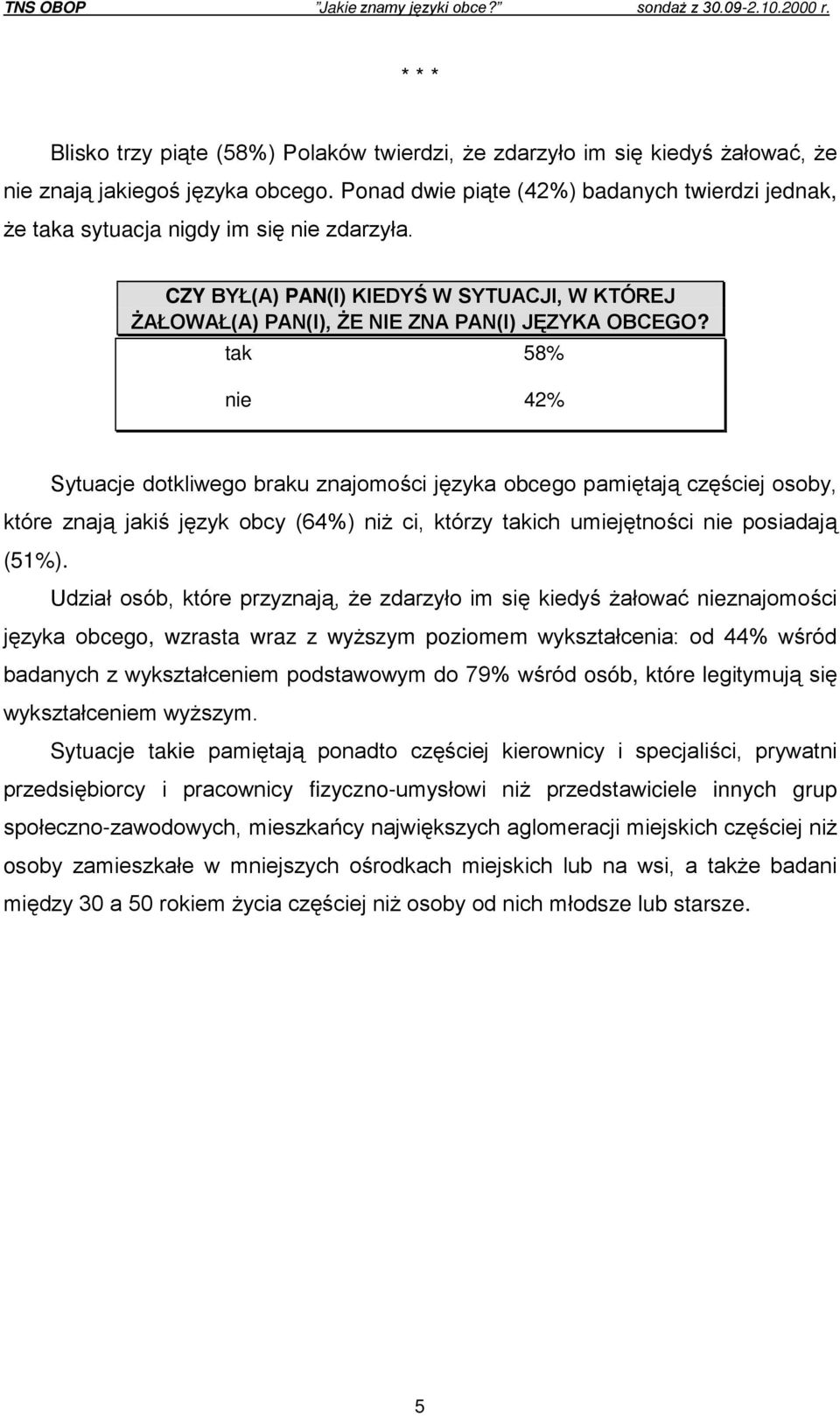 tak 58% nie 42% Sytuacje dotkliwego braku znajomości języka obcego pamiętają częściej osoby, które znają jakiś język obcy (64%) niż ci, którzy takich umiejętności nie posiadają (51%).