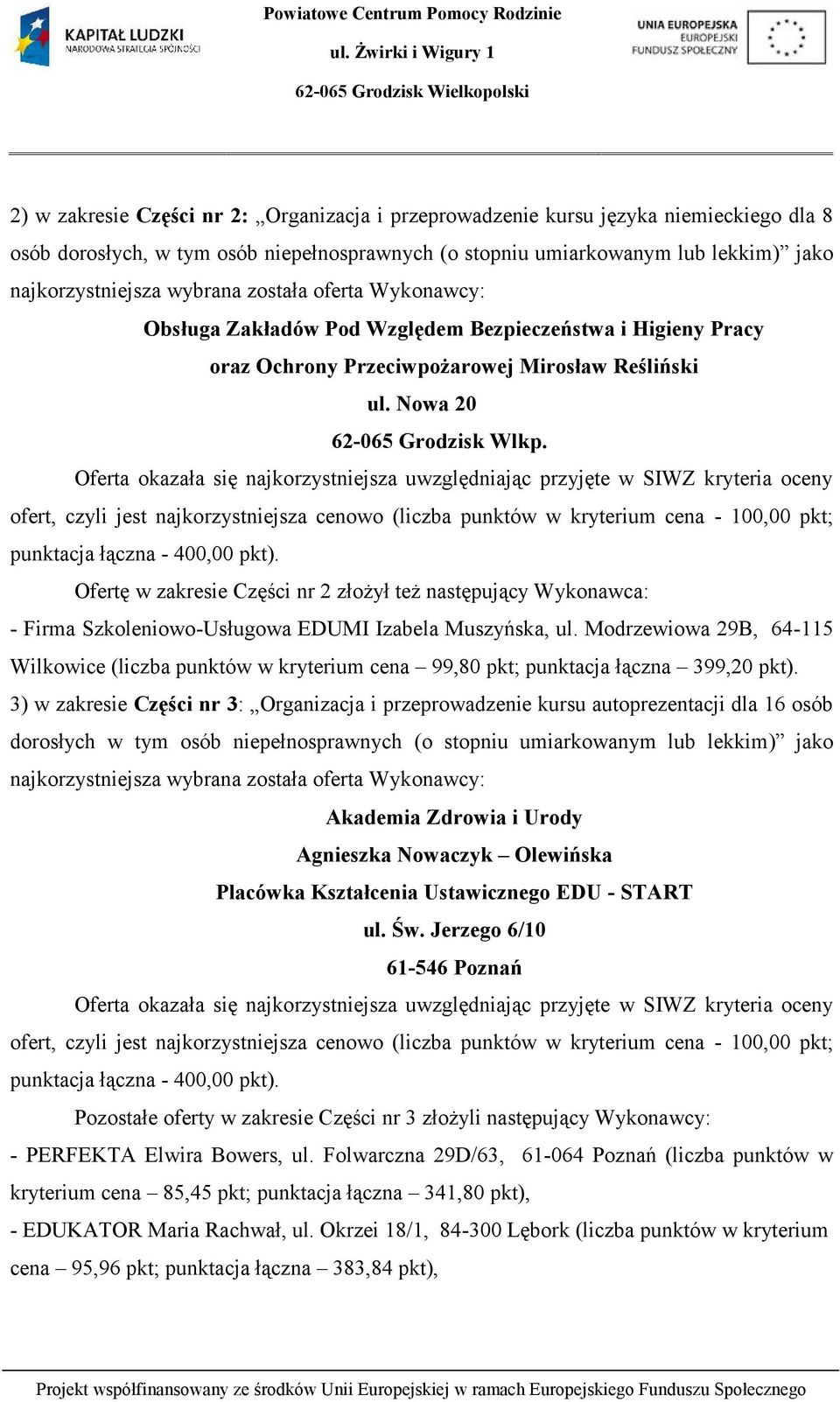 Ofertę w zakresie Części nr 2 złożył też następujący Wykonawca: - Firma Szkoleniowo-Usługowa EDUMI Izabela Muszyńska, ul.