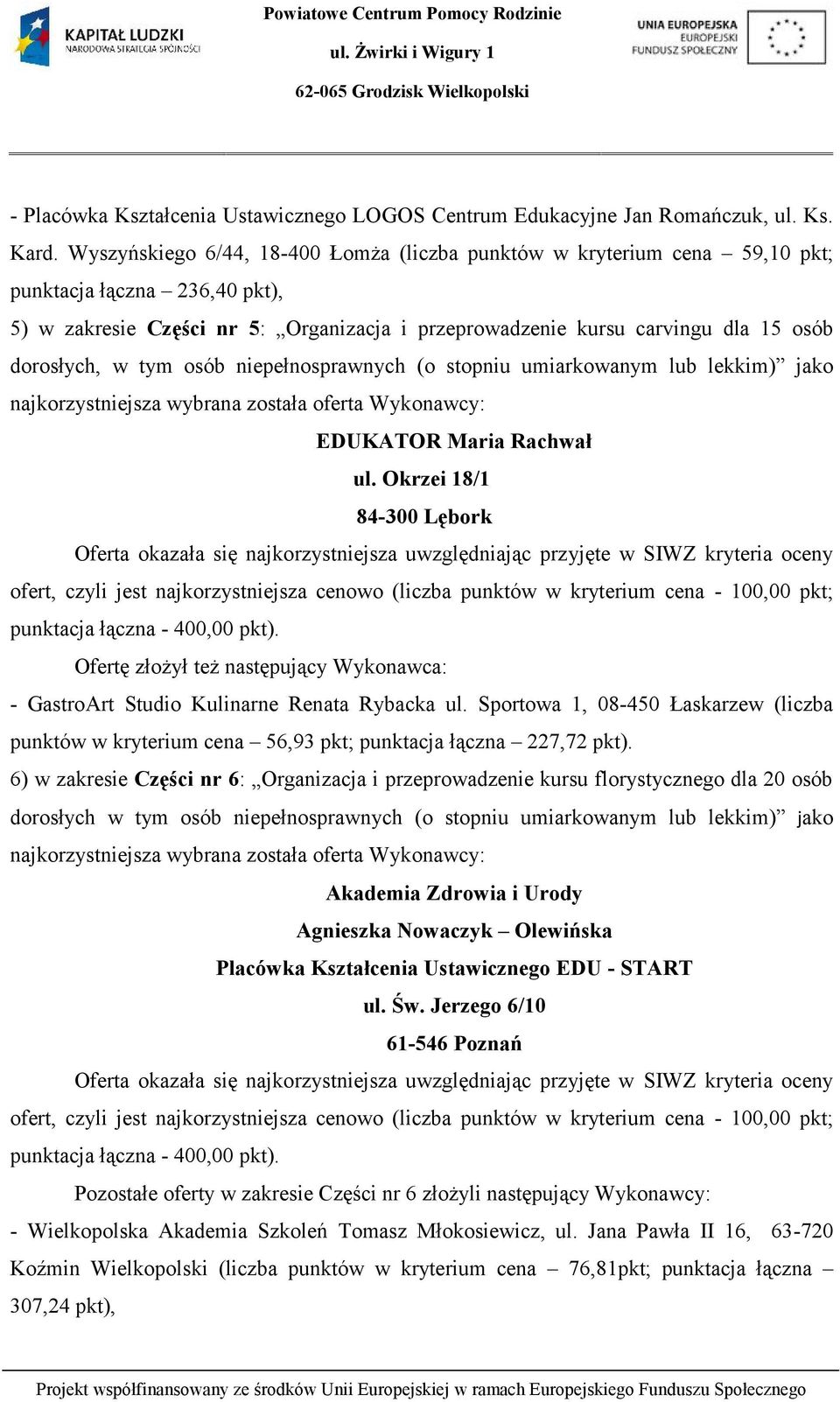 dorosłych, w tym osób niepełnosprawnych (o stopniu umiarkowanym lub lekkim) jako EDUKATOR Maria Rachwał ul.