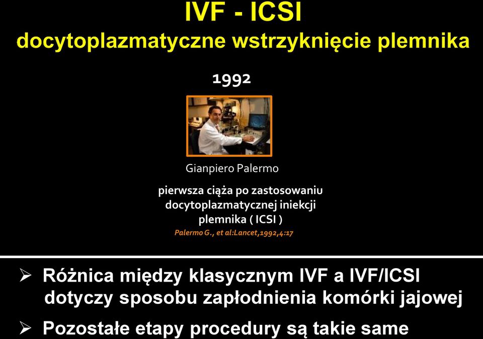, et al:lancet,1992,4:17 Różnica między klasycznym IVF a IVF/ICSI