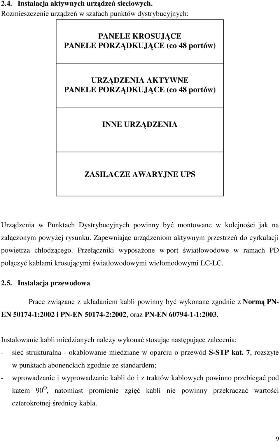 UPS Urządzenia w Punktach Dystrybucyjnych powinny być montowane w kolejności jak na załączonym powyŝej rysunku. Zapewniając urządzeniom aktywnym przestrzeń do cyrkulacji powietrza chłodzącego.