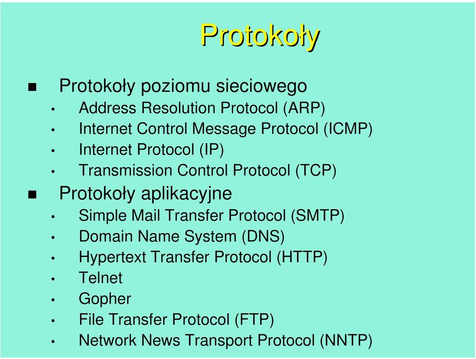 aplikacyjne Simple Mail Transfer Protocol (SMTP) Domain Name System (DNS) Hypertext Transfer