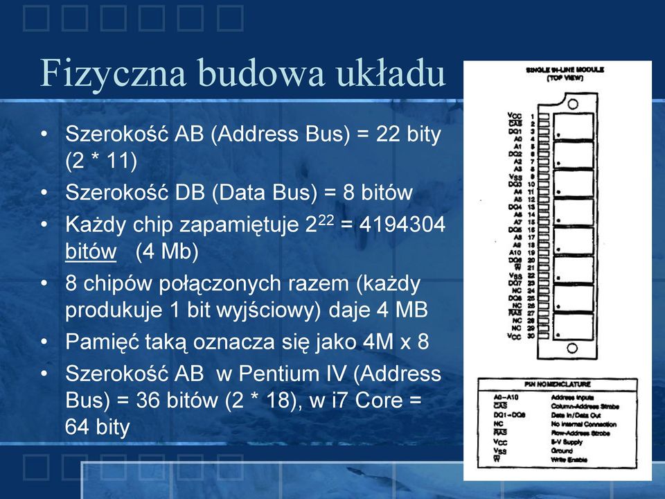 połączonych razem (każdy produkuje 1 bit wyjściowy) daje 4 MB Pamięć taką oznacza się