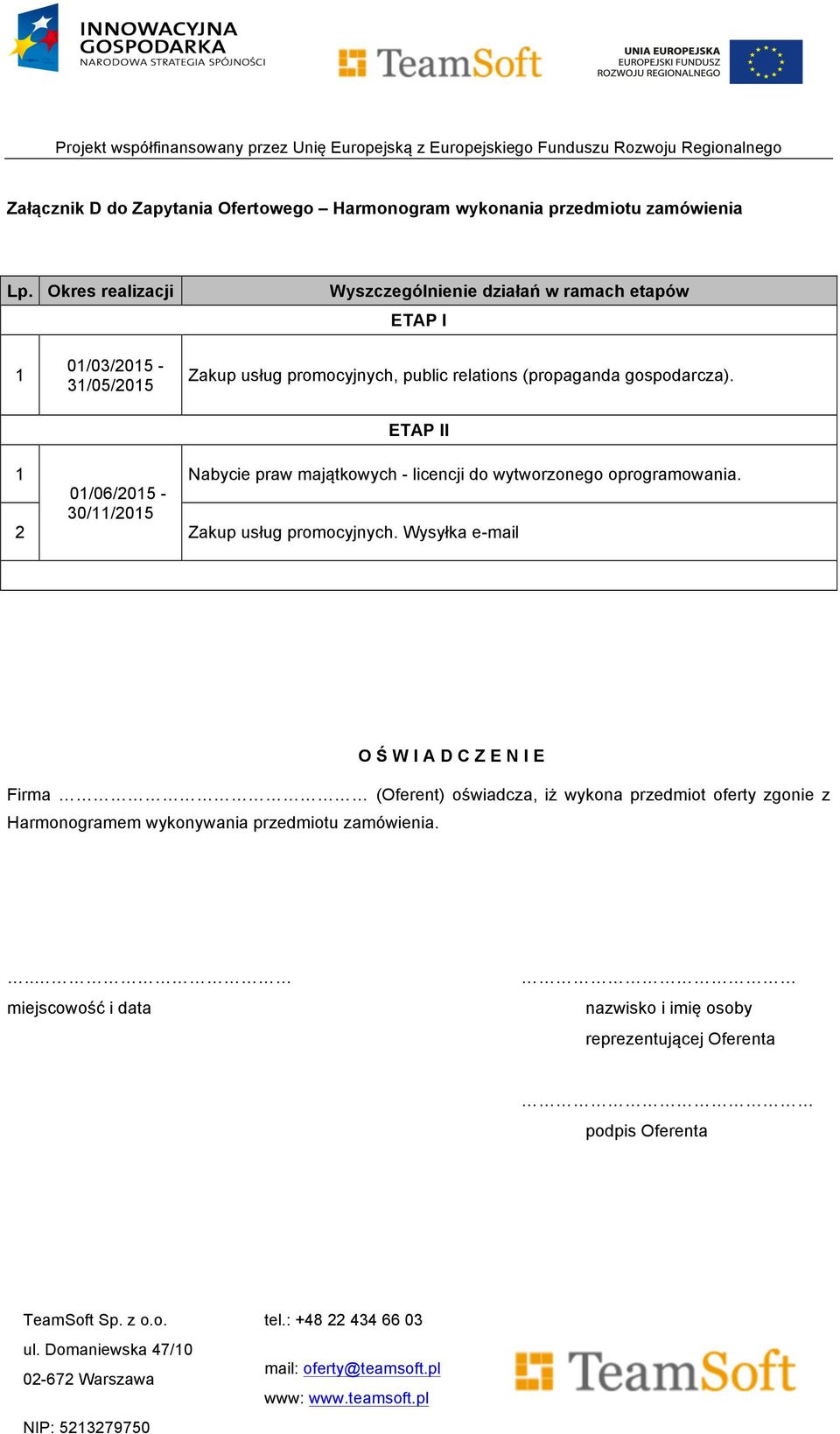 gospodarcza). ETAP II 1 Nabycie praw majątkowych - licencji do wytworzonego oprogramowania. 01/06/2015-30/11/2015 2 Zakup usług promocyjnych.