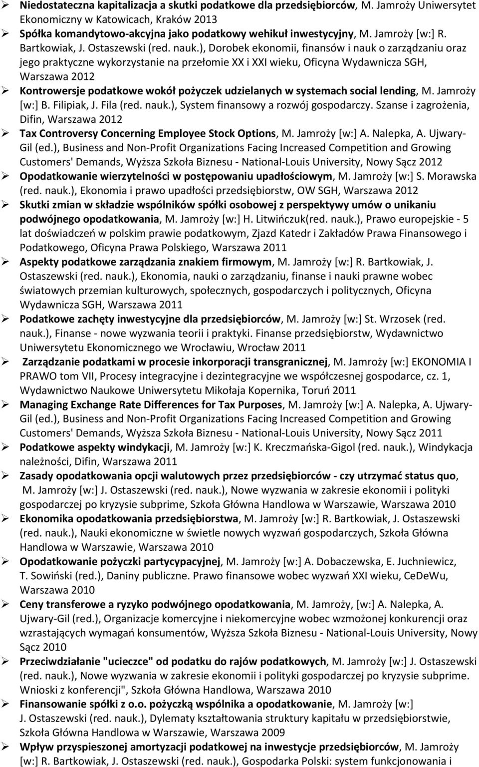 ), Dorobek ekonomii, finansów i nauk o zarządzaniu oraz jego praktyczne wykorzystanie na przełomie XX i XXI wieku, Oficyna Wydawnicza SGH, Warszawa 2012 Kontrowersje podatkowe wokół pożyczek