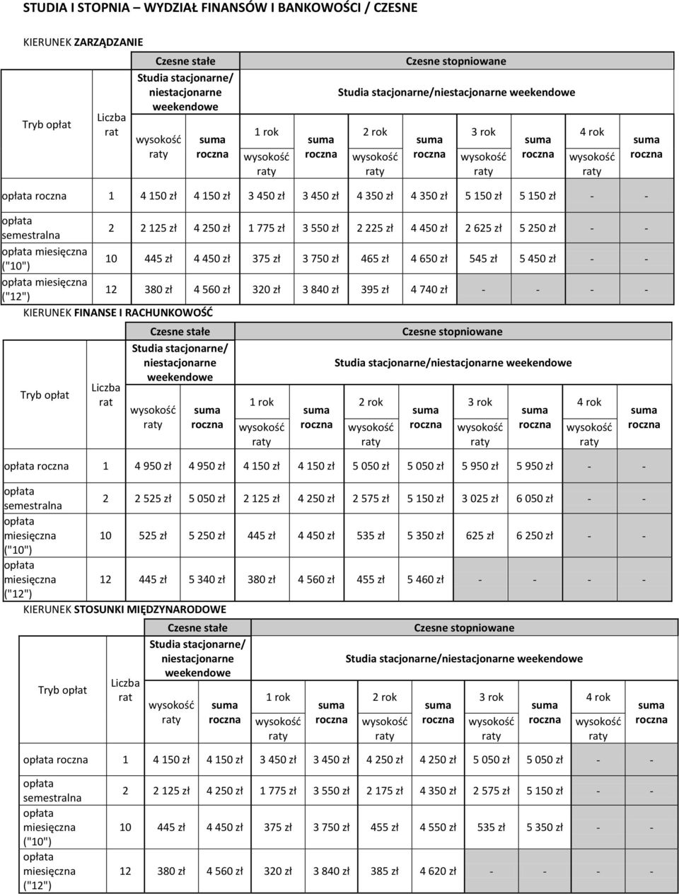 zł 4 740 zł KIERUNEK FINANSE I RACHUNKOWOŚĆ Tryb opłat 1 rok 2 rok 3 rok 4 rok 1 4 950 zł 4 950 zł 4 150 zł 4 150 zł 5 050 zł 5 050 zł 5 950 zł 5 950 zł semestralna 2 2 525 zł 5 050 zł 2 125 zł 4 250