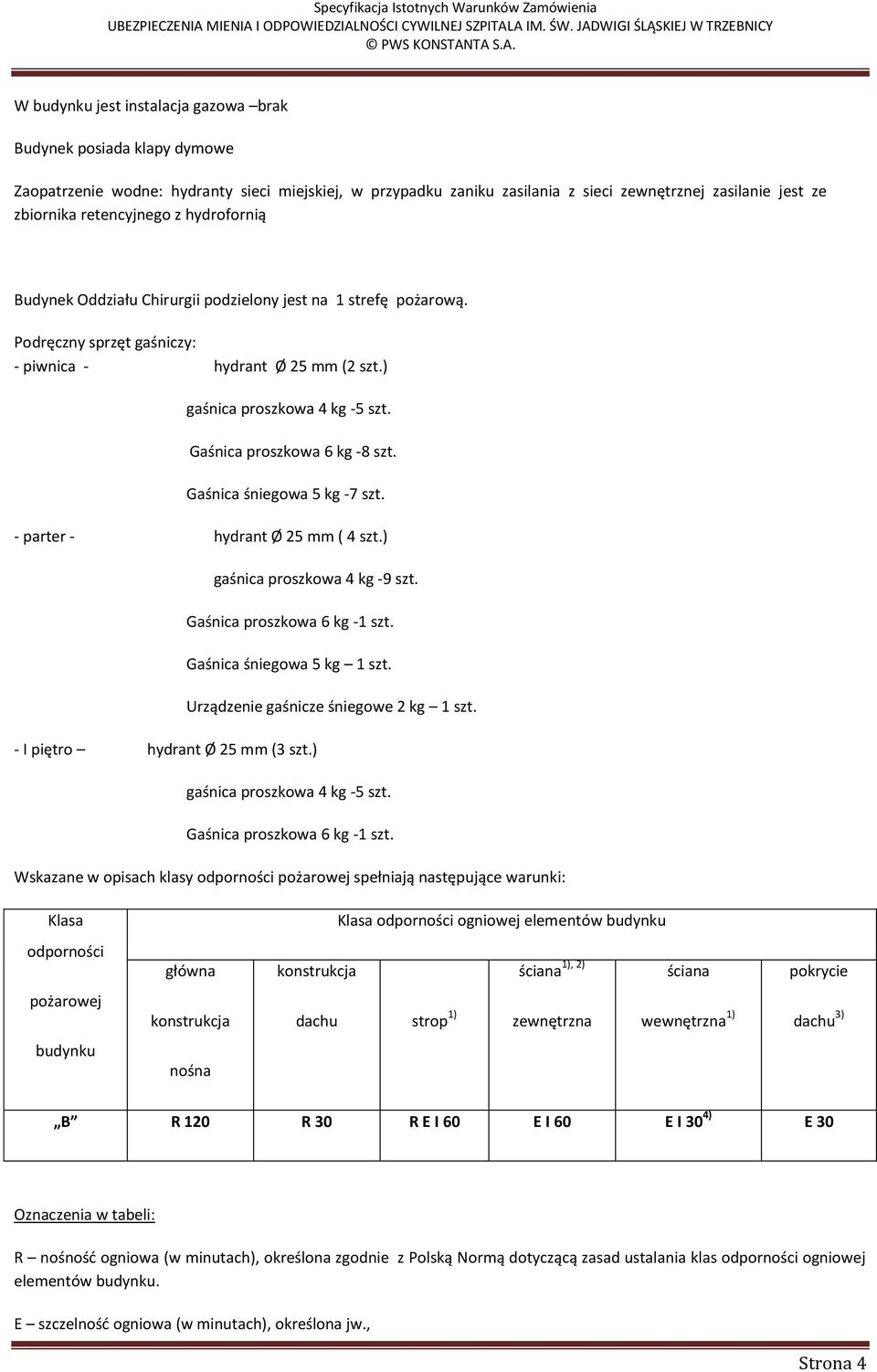 Gaśnica śniegowa 5 kg -7 szt. - parter - hydrant Ø 25 mm ( 4 szt.) gaśnica proszkowa 4 kg -9 szt. Gaśnica proszkowa 6 kg -1 szt. Gaśnica śniegowa 5 kg 1 szt. - I piętro hydrant Ø 25 mm (3 szt.