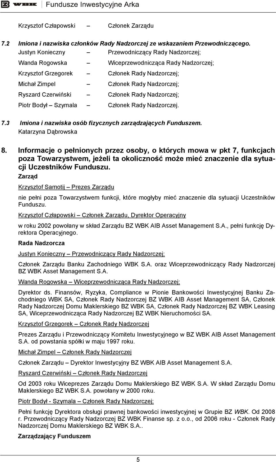 Czerwiński Członek Rady Nadzorczej; Piotr Bodył Szymala Członek Rady Nadzorczej. 7.3 Imiona i nazwiska osób fizycznych zarządzających Funduszem. Katarzyna Dąbrowska 8.