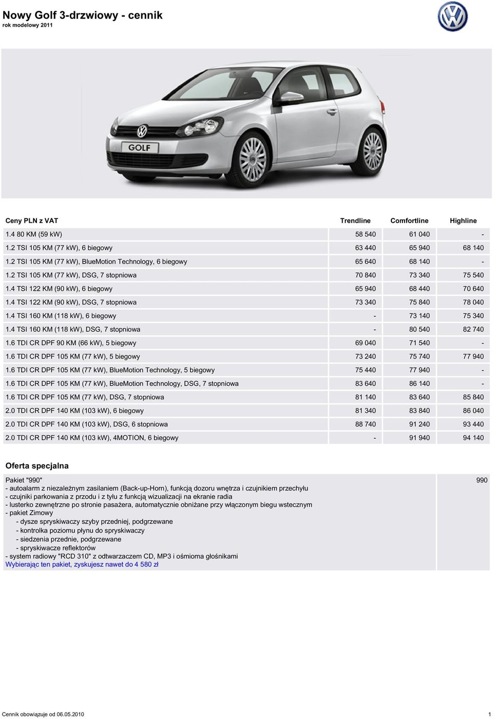 4 TSI 122 KM (90 kw), DSG, 7 stopniowa 73 340 75 840 78 040 1.4 TSI 160 KM (118 kw), 6 biegowy - 73 140 75 340 1.4 TSI 160 KM (118 kw), DSG, 7 stopniowa - 80 540 82 740 1.