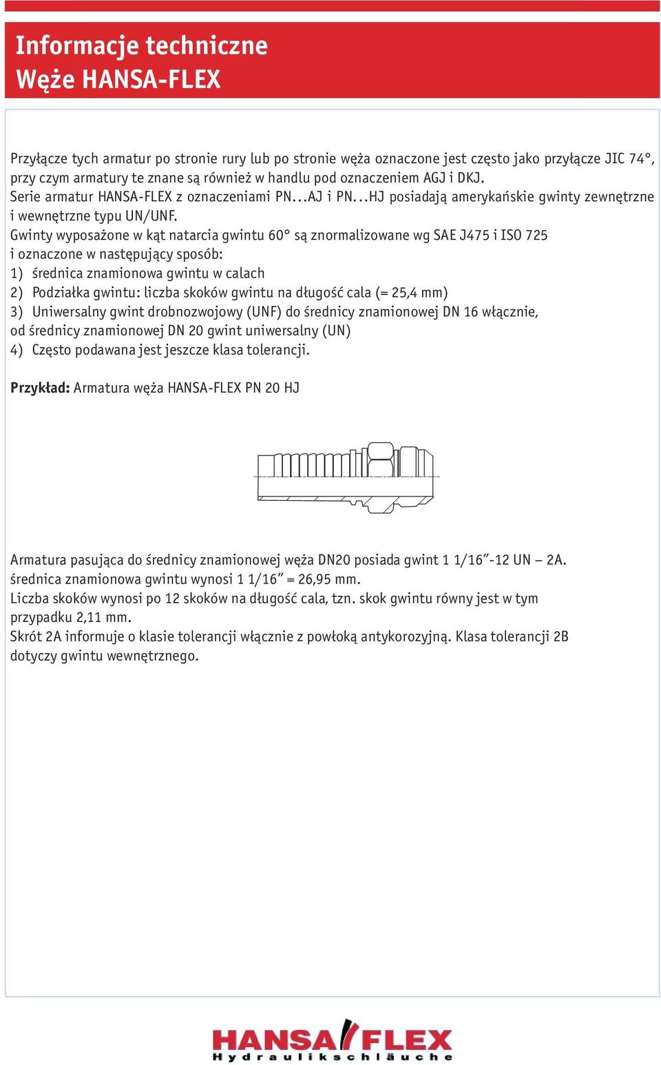 Gwinty wyposażone w kąt natarcia gwintu 60 są znormalizowane wg SAE J475 i ISO 725 i oznaczone w następujący sposób: 1) średnica znamionowa gwintu w calach 2) Podziałka gwintu: liczba skoków gwintu